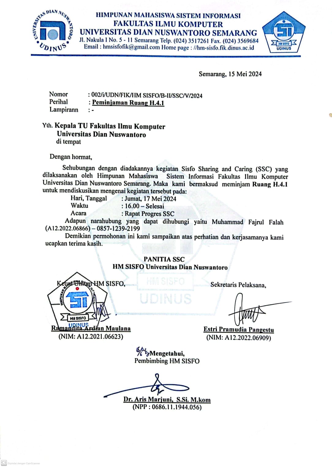 Surat Peminjaan Ruangan H.4.1 untuk rapat progres